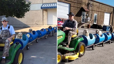 80-летний пенсионер построил автопоезд, на котором катает спасенных бездомных собак